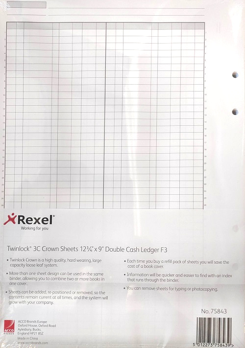 Rexel Twinlock Crown 2 ½ C Refill Sheets Treble Cash Ledger Pack of 100 Sheets 